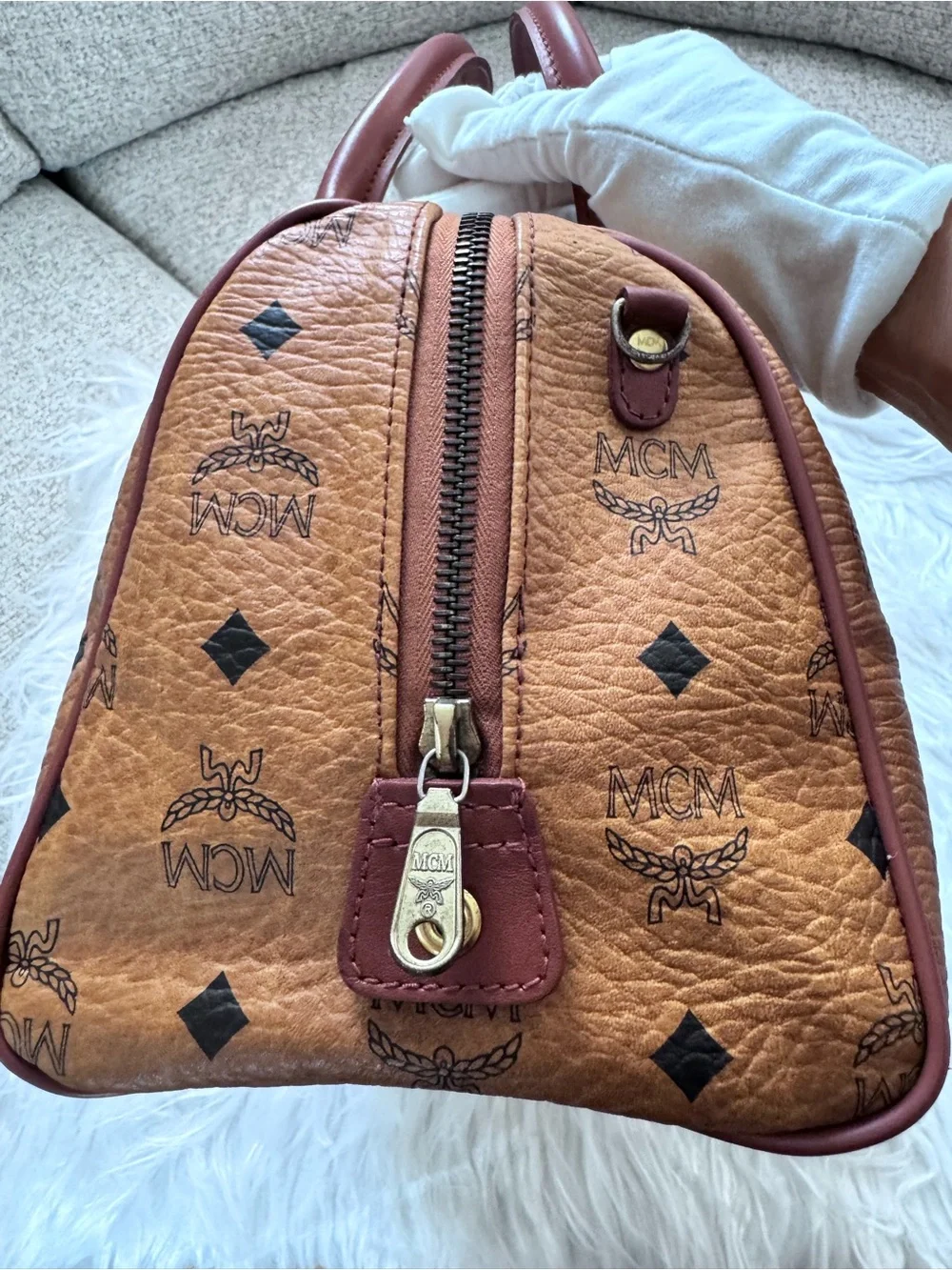MCM Cognac Visetos Boston Bag